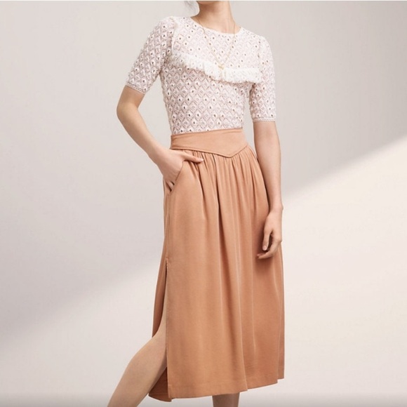 Aritzia Wilfred Gabrielle Midi Coastal Beige Slits Pockets Skirt Size XXS - Picture 1 of 9